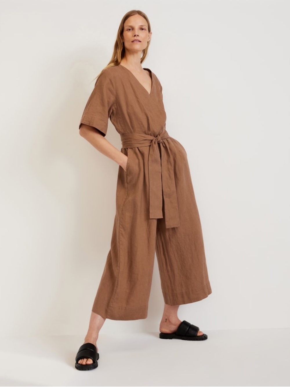 Everlane Size 2 100% Linen Wrap Jumpsuit Terracotta Rust Wide Leg Tie Waist